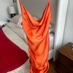 Zara Bright Orange Satin Cowl Backless Slip Dress